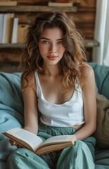 Happy woman reading book on blue sofa, wearing white tank top and green pants, in modern home