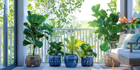 balcony with potted fiddle leaf fig plants