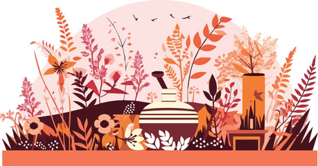 Vector illustration with a vase on the background of the autumn landscape.