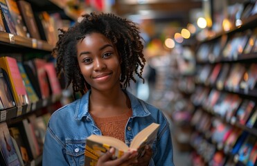 Young, happy African American woman browsing in a bookstore, holding a book, surrounded by shelves of books