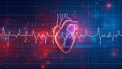 Human heart organ heartbeat illustration background. Pulse line, medical health care on ECG cardiogram, rhythm and frequency rate wave, disease diagnosis