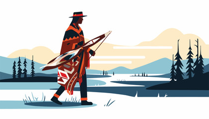 Native american indian man in hat and scarf with arrow in hand vector illustration