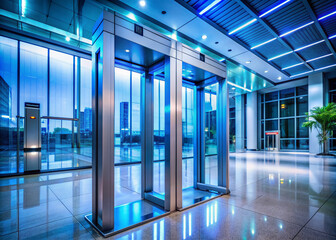Modern metal detector frame stands alone in a sleek, futuristic business center, emitting a blue glow, conveying advanced security, inspection, and control measures.