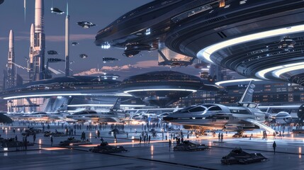A futuristic spaceport with advanced spacecraft and bustling activity.