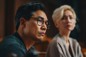 Pensive couple in courtroom setting. Ideal for illustrating themes of legal proceedings, divorce, and emotional tension. Perfect for marketing, editorial, and legal content