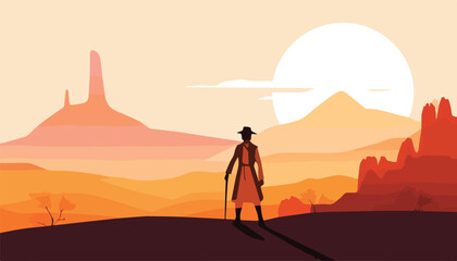 Silhouette of an old woman in the desert. Vector illustration