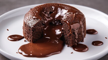 A close-up of a rich, chocolate lava cake with molten center, on a white dessert plate, high-resolution photo, realistic photo, cinematography, hyper realistic