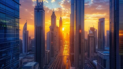 Breathtaking cityscape with modern skyscrapers and vibrant sunset colors