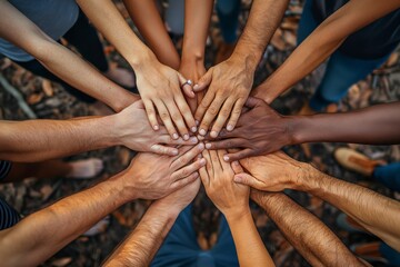 Diverse hands in unity. Different ethnic hands joined together in a circle, symbolizing unity, teamwork, and diversity. Ideal for community, collaboration, and social cohesion concepts.