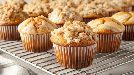 A detailed shot of a batch of freshly baked muffins with a crumb topping, cooling on a wire rack, high-resolution photo, realistic photo, cinematography, hyper realistic