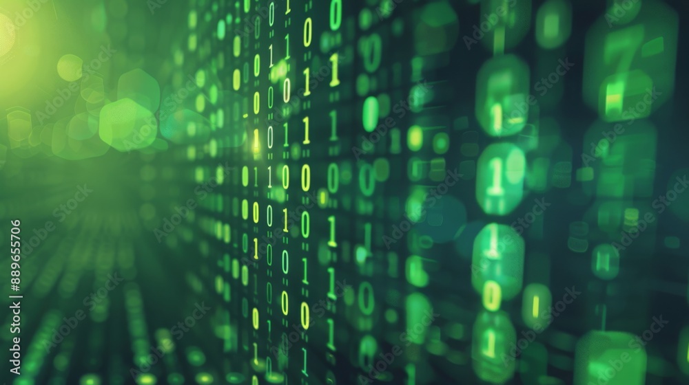 Aufkleber A green background with a digital matrix of binary code. The code appears in a futuristic, abstract style.