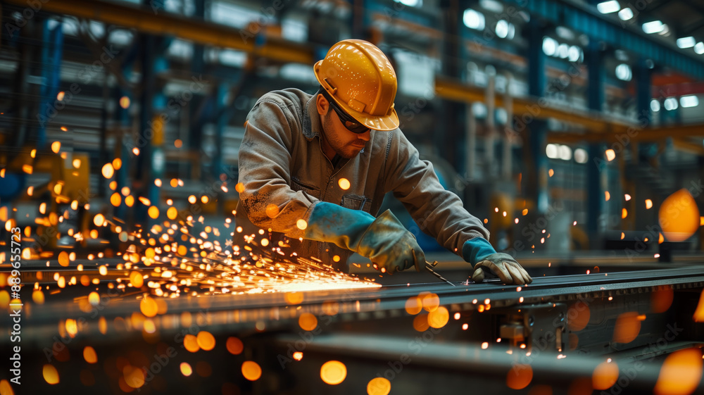 Aufkleber focused hands shaping metal: a factory worker's precision in action