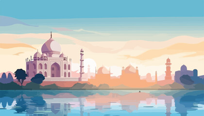 Naklejka premium Taj Mahal in the morning. Vector illustration in flat style