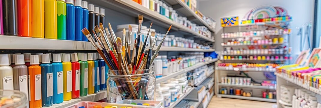  large assortment of art supplies in the art store - paints, brushes, and more for the professional or hobbyist artist on display in a studio/retail space