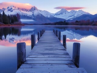 Naklejka premium Serene wooden dock extending into a calm lake with snow-capped mountains and a vibrant sunset sky reflected in the water.