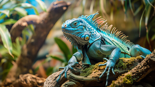 The green iguana is also known as a large arboreal lizard of iguana genus resting on branch with his paw dangling. Selective focus. Cloce up. Generative AI
