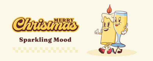 Christmas Groovy Champagne Glass and Candle Retro Characters. Cartoon Xmas Personage Banner. Vector Winter Holiday Romantic Mascot Template Background. Happy Vintage Cool Illustration Isolated