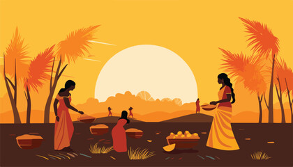 Indian people on the beach at sunset. Vector illustration in flat style