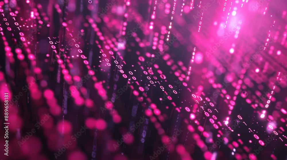 Aufkleber Pink and black abstract background with binary code. The code appears to be falling like rain, creating a sense of movement and energy.