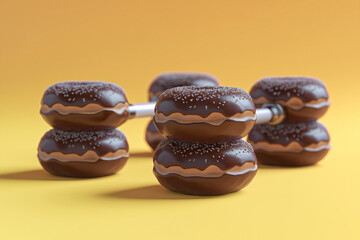 surreal concept featuring gym dumbbells made of chocolate donuts