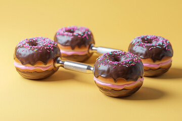 surreal concept featuring gym dumbbells made of chocolate donuts