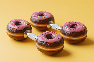 surreal concept featuring gym dumbbells made of chocolate donuts