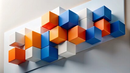 Obraz premium Abstract background with colorful cubes on white wall, 3d rendering illustration of geometric blocks in red blue and orange colors for design concept banner template.