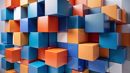 Fototapeta premium Abstract background with colorful cubes on white wall, 3d rendering illustration of geometric blocks in red blue and orange colors for design concept banner template.