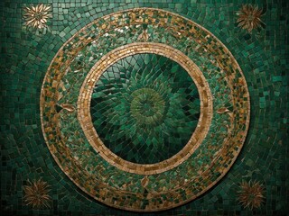 Obraz premium Vibrant mosaic artwork adorns wall, featuring central circular pattern with concentric rings of green, brown tiles. Intricate design creates three-dimensional illusion, with smaller star-like motifs.