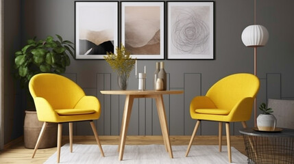 Seek solace and comfort in a sunny Scandinavian sanctuary with two chrs, a central table, and an empty canvas agnst a backdrop of warm yellow. 