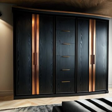 A tall wardrobe with doors, featuring a modern design and a mix of black oak and brushed antique copper elements. The main subject of this image is a stylish and elegant piece of furniture.