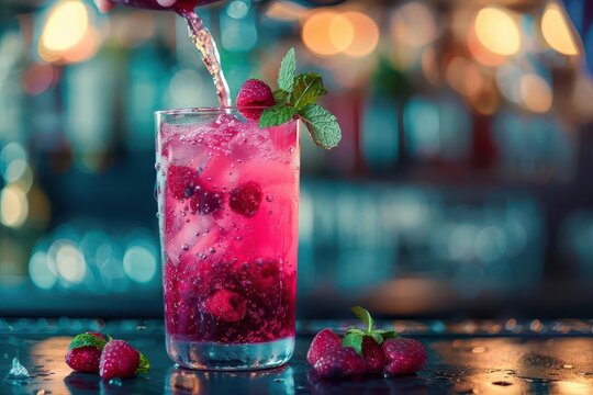 A detailed shot of a bartender skillfully pouring a pink cocktail into a glass