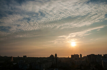 Sunrise over modern office buildings in business district center of Odesa. 