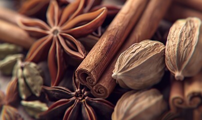 Mixed exotic spices: cinnamon, cardamom, and star anise