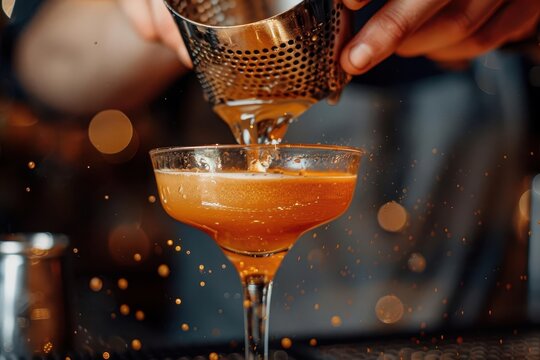 A detailed shot of a bartender expertly pouring a cocktail into a glass through a strainer The focus on the hands and drink emphasizes the craftsmanship