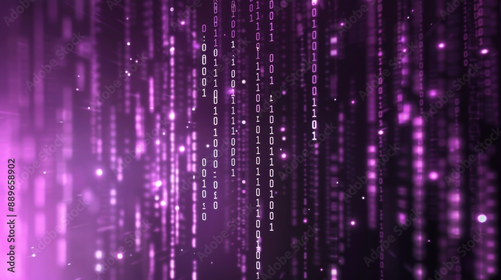 Poster glittering pink and purple digital binary code falls down a dark background.