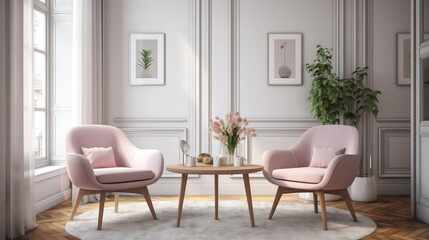 Retreat to a Nordic-inspired retreat with two chrs in soothing hues, a central table, and an empty canvas agnst a backdrop of pure pink, white, or yellow.