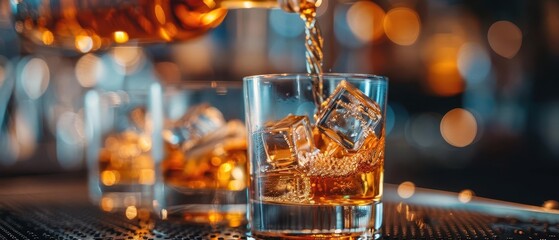 Obraz premium A closeup image of a bartender pouring liquor into shot glasses