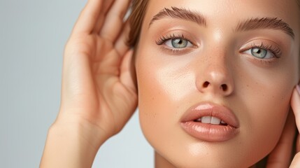 Obraz premium A model with flawless skin and a natural, serene expression, high-resolution photo, realistic photo, hyper realistic