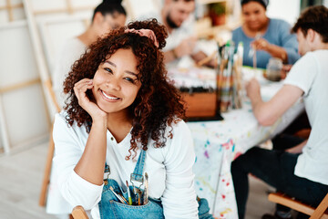 Woman, art class and portrait for relax, smile and group project with watercolor and friends in...