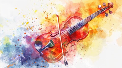 Fototapeta premium Watercolor illustration. World Music Day. Violin and bow, colorful spots and splashes on a white background. Free space for text. Art, creativity, rhythm, melody