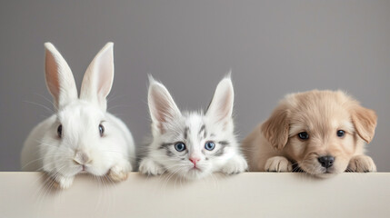 Fototapeta premium Cute kitten, white rabbit and Samoyes puppy peeking over the edge of an empty table isolated on a clear background