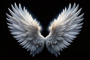 Fototapeta premium Delicate, snow-white feathered wings stretch wide, radiating elegance and serenity, against a dramatic black background, symbolizing peace, hope, and divine beauty.
