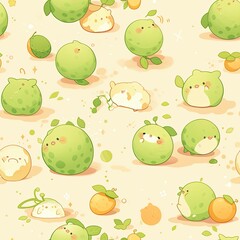 Cute Green Creatures and Oranges Seamless Pattern.