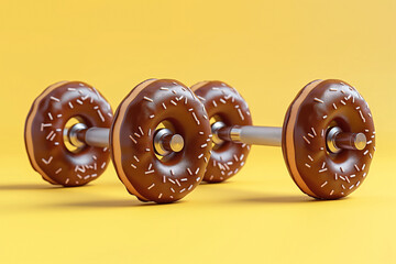 surreal concept featuring gym dumbbells made of chocolate donuts