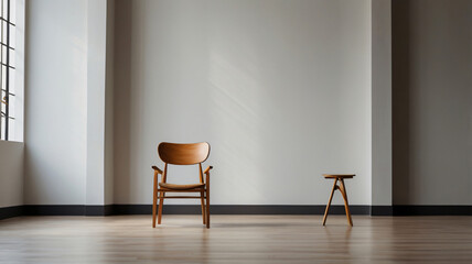 Mockup of a modern minimalist house with an accent chair on a wall background. Flat lay, copy space