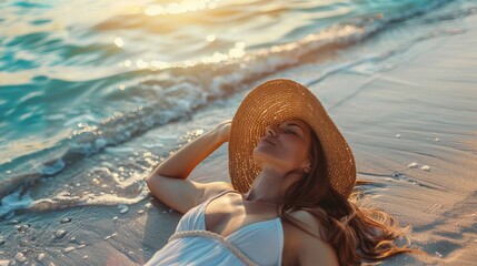 A Woman in a Bikini Sunbathing on the Beach, Enjoying a Bright Sunny Day on Vacation