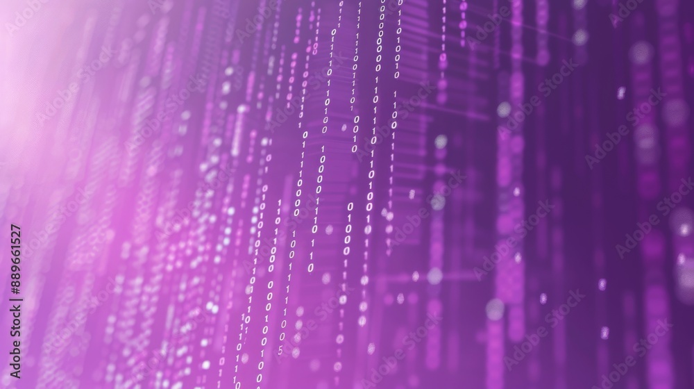 Poster Abstract digital background with a soft, blurred purple gradient and rows of falling binary code.