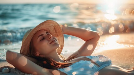 A Woman in a Bikini Sunbathing on the Beach, Enjoying a Bright Sunny Day on Vacation