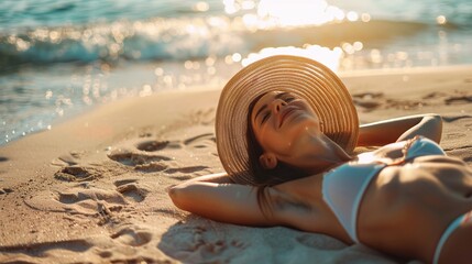 A Woman in a Bikini Sunbathing on the Beach, Enjoying a Bright Sunny Day on Vacation